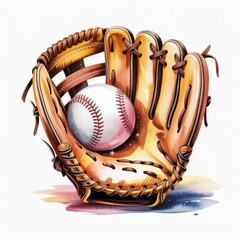 Baseball Glove Holds Ball in Watercolor Illustration Using Upscaled Gigapixel Technology Showcasing Details and Textures