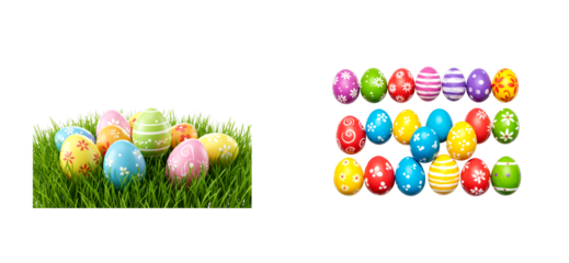 Vibrant set of decorated Easter eggs with colorful hand-painted patterns, featuring a collection arranged in neat rows and another group hidden in lush green spring grass