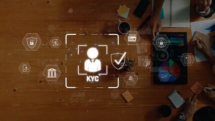 A group of business professionals collaborate on the Know Your Customer (KYC) process with a digital interface displaying security measures and analytical tools. Raster