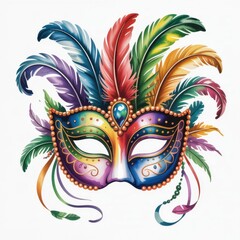 Bright Watercolor Illustration of a Mask With Feathers and Beads for Festive Events