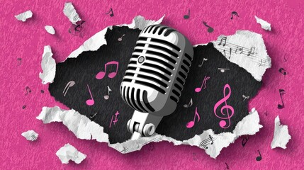 A vintage microphone emerges from torn pink paper revealing a black background with musical notes