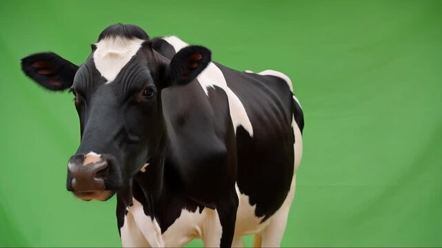 Black and white Holstein cow standing against green screen chroma key background looking at camera