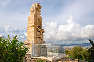 The Philopappos Monument at the peak of Philopappos Hill in the ancient center of Athens, Greece.