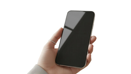 Smartphone mockup with empty display held by hand in stylish mudroom entry Isolated on Transparent Background