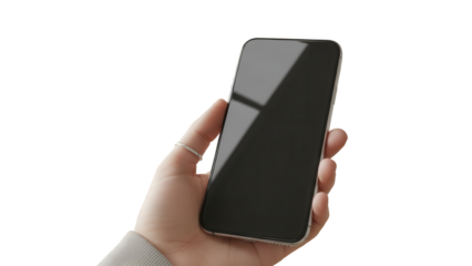 Smartphone mockup with empty display held by hand in stylish mudroom entry Isolated on Transparent Background