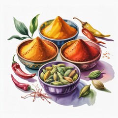 Colorful Bowls Filled With Spices and Herbs Arranged on a White Background With Red Chilies