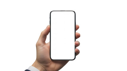 Smartphone mockup with empty display held by hand in sleek office corridor Isolated on Transparent Background