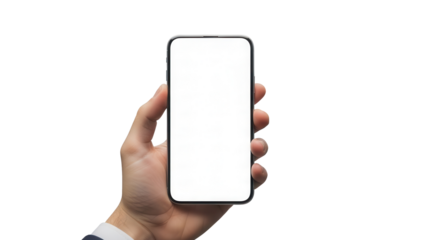 Smartphone mockup with empty display held by hand in sleek office corridor Isolated on Transparent Background