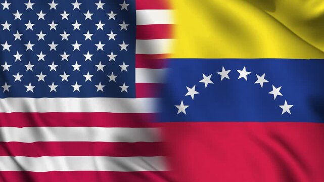 Horizontally aligned combined Venezuela and USA flags are waving in wind. Realistic motion loop animation, symbolizing Western Hemisphere geopolitics, diplomatic friction, and bilateral relations.