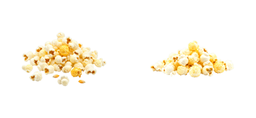 Two separate piles of fresh fluffy popcorn with buttery yellow kernels and unpopped seeds, a delicious crunchy snack for movie night or cinema entertainment