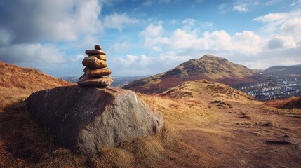 Carefully balanced rock cairn standing on a large boulder with a beautiful natural landscape, rolling hills, and a distant town under a blue sky.