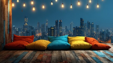 Fototapeta premium Colorful bean bags line a rustic wooden floor on a rooftop terrace, overlooking a vibrant city skyline at night, illuminated by warm string lights.