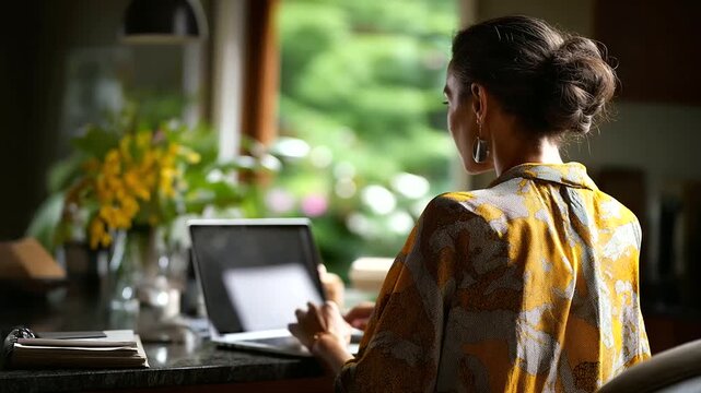 Individual at computer in comfortable residential workspace natural illumination rear view perspective home telecommuting scene freelance environment back angle composition
