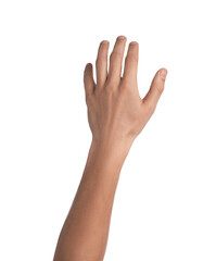 Obraz premium Man showing his hand on white background, closeup