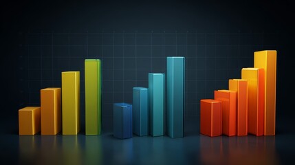 Shiny 3D bar graphs visually represent data trends like growth and decline on a dark, grid-patterned background, ideal for business analysis.