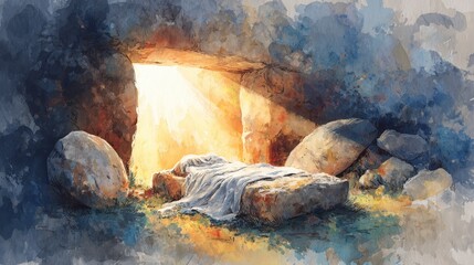A watercolor painting depicting an open tomb with emanating light, an empty stone slab, and a discarded linen cloth. Exterior rocks and foliage add to the scene