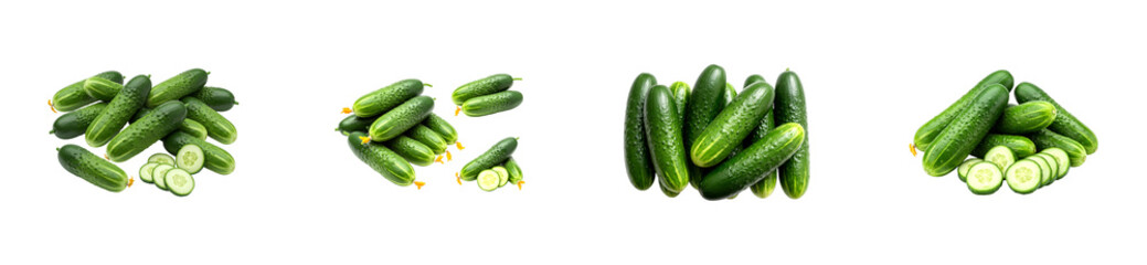 Set of four fresh green cucumbers arranged in piles, showing whole gherkins with yellow flowers and round sliced pieces for healthy eating and salad ingredients