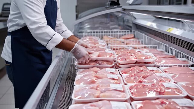 Chef Arranging Chicken in Supermarket Freezer, Supermarket Display