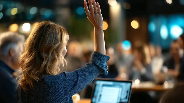 Individual in meeting raising hand for question faceless participant defocused conference space blended setting visual laptop screen participants in person virtual mix with