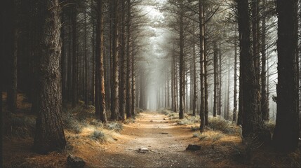 Obraz premium A winding dirt path extends into the distance through a dense, atmospheric pine forest on a foggy or misty day, creating a tranquil and mysterious scene.