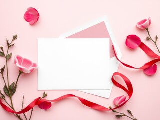 Pink greeting card with blank space for text, surrounded by red ribbon and delicate pink flower petals on a pastel background.