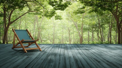 Tranquil wooden deck with an empty deck chair overlooking a vibrant green forest bathed in natural sunlight.
