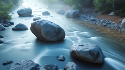A river with smooth flowing water and large rocks flanked by trees and distant mist under soft light