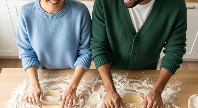 Top view of a happy couple in sweaters rolling out dough together on a wooden kitchen counter with flour, baking and cooking concept. - Powered by Adobe