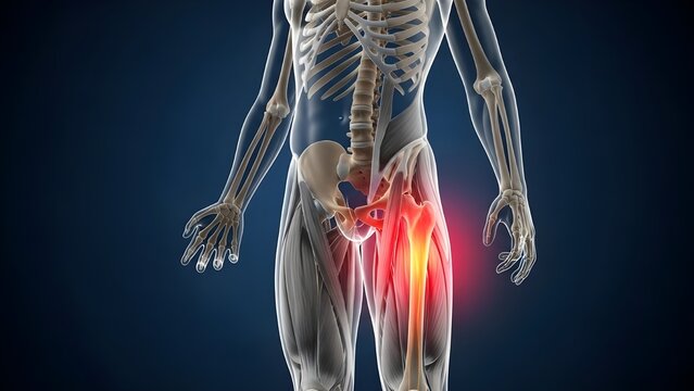 3D medical illustration showing a transparent male body with a red highlight on the groin area, representing pain, hernia, or muscle strain on a blue background