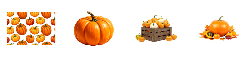 Obraz premium Collection of four pumpkin-themed compositions featuring a repeating pattern, a large single gourd, a rustic wooden box with mini pumpkins, and a fall harvest display