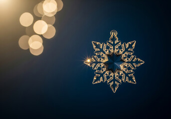 Golden geometric star ornament with a crystalline texture, floating against a dark blue background with warm glowing bokeh lights in the upper left corner.