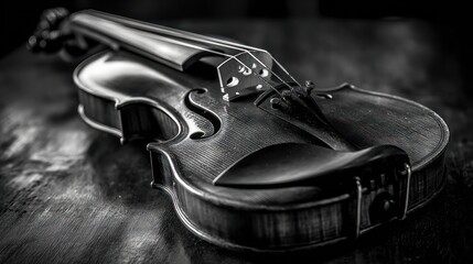 Close-up black and white violin resting on a dark surface.  Intricate details of the instrument's curves and craftsmanship are highlighted