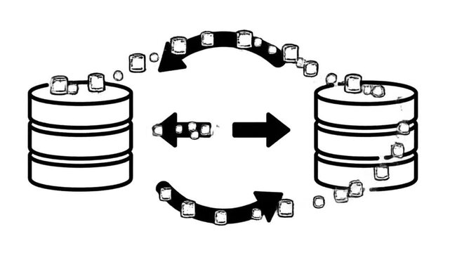 Black and white icon illustrating bidirectional data synchronization between two distinct database storage cylinders