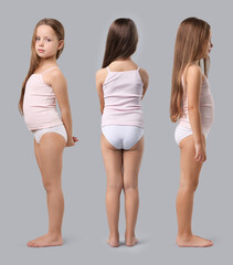 Little girl in underwear on grey background. Set of portraits, view from different sides