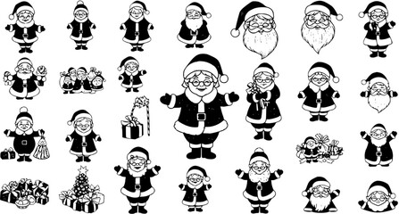Festive Santa Claus  Mrs. Claus Clipart Set: Black and White Christmas Icon Collection