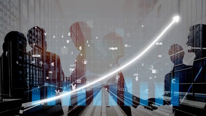 A dynamic business meeting illustrated with silhouettes of professionals against a backdrop of a financial growth chart, symbolizing collaboration and success in strategy. Copula