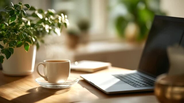 Residential workspace featuring laptop notebook and beverage soft minimalist surroundings plant decoration productivity arrangement remote work essentials clean desk aesthetic