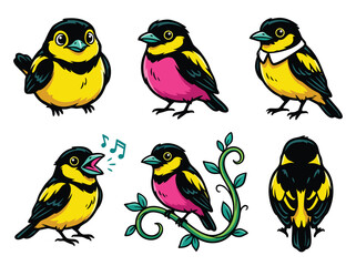 Collection of Six Adorable Cartoon Birds. © Paylopiii