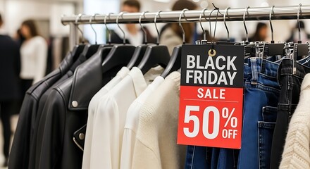 Black friday sale sign on clothing rack with 50 percent off discount