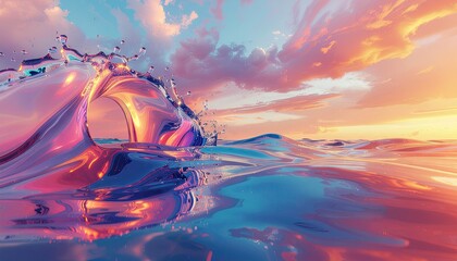 Vibrant Sunrise Over Ocean With Reflective Water And Dramatic Cloudscape Illuminated By Golden Hour Light