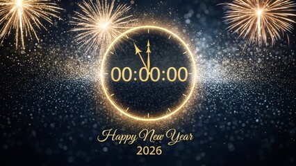 New Year 2026 Countdown Clock with Golden Fireworks Background