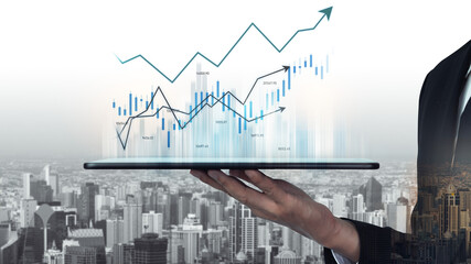A businessman presents a digital tablet displaying various financial graphs and charts, symbolizing market analysis and urban growth, showcasing innovation in finance. Scalp