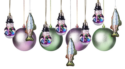 Christmas balls hanging on white background. Many festive ornaments