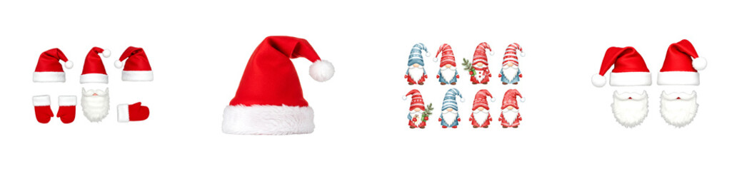 Festive collection of Christmas costume elements including red Santa hats, white beards, mittens, and cute illustrated Scandinavian gnomes for holiday decoration and photo props
