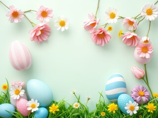Colorful easter eggs and delicate spring flowers artfully arranged on a soft pastel green background, celebrating the season's joy and renewal.