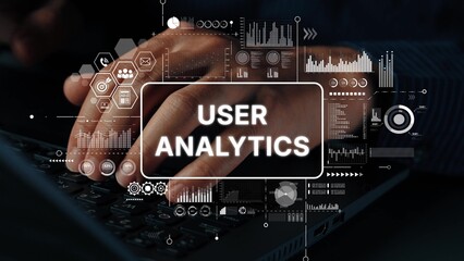 Hands Using Laptop with Digital User Analytics Concept and Data Visualization Elements on Dark Background. Asymptotic smart data analytic.