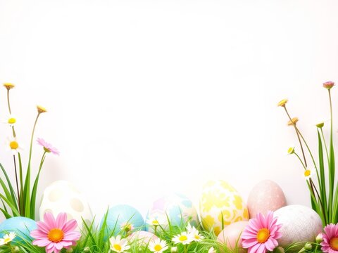 Easter eggs and spring flowers border with copy space