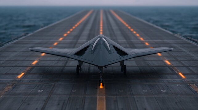 Unmanned combat aerial vehicle UCAV on aircraft carrier deck. glowing runway lights at night. dark ocean water with subtle waves.