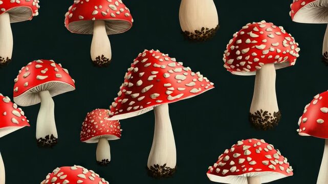 A pattern of red mushrooms on a black background. The mushrooms are all different sizes and are scattered throughout the