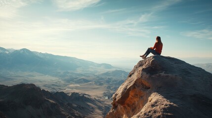 Woman sitting on edge of boulder cliff overlooking vast landscape, freedom concept - 2
